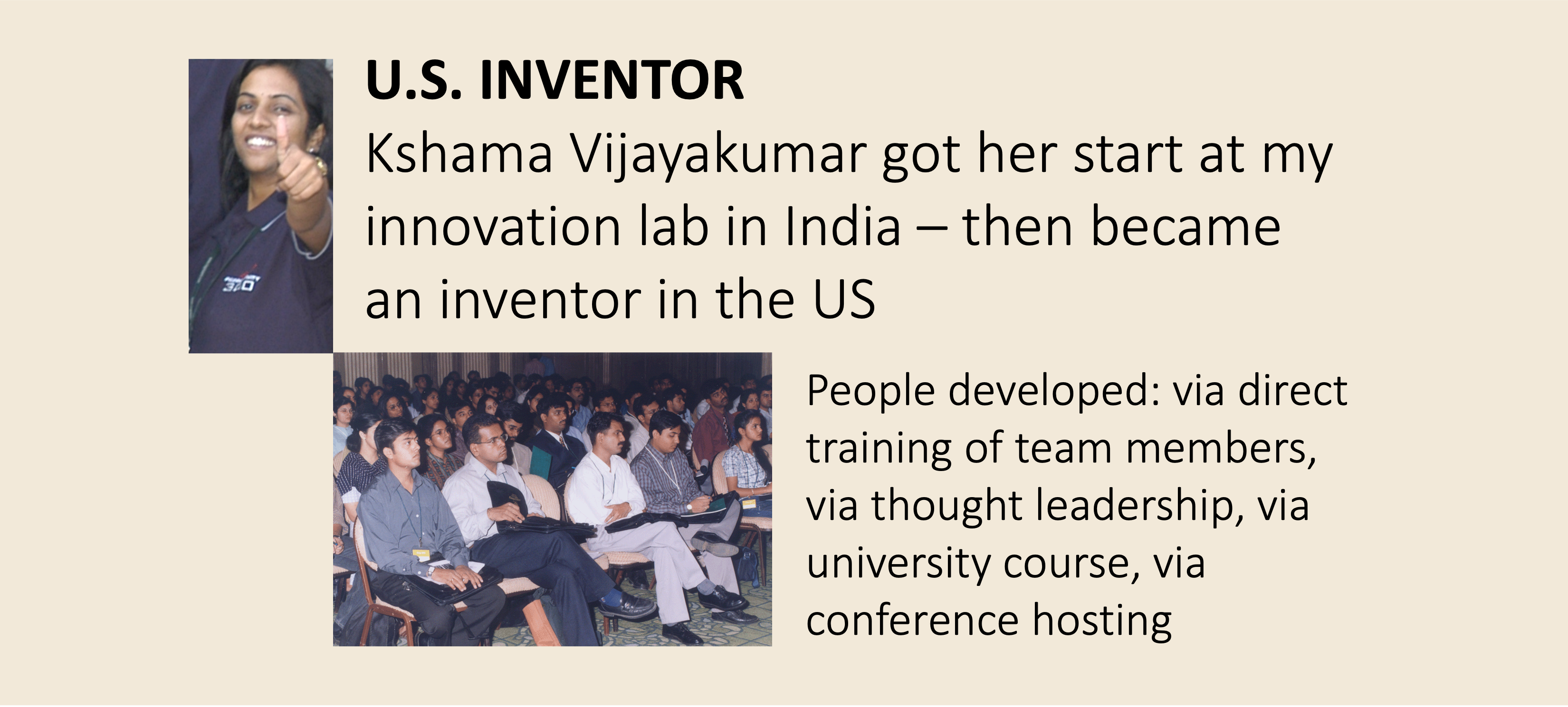 People developed: via direct training of team members, via global thought leadership, via university course, via conference hosting